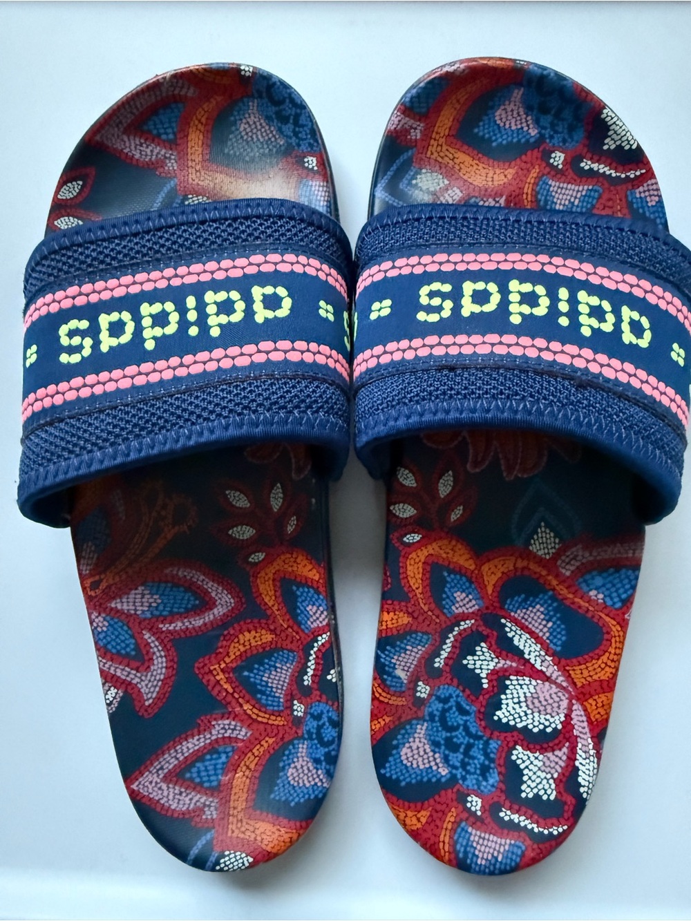 adidas Originals Navy Slides with Pink Trim and Yellow Logo Dots